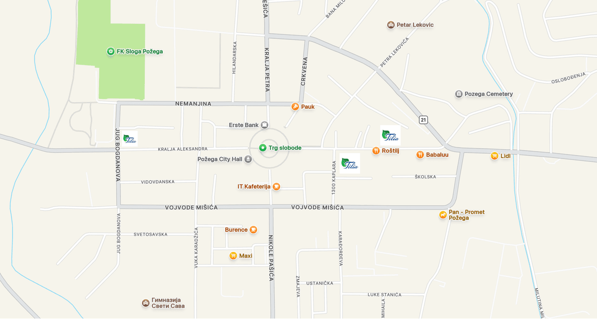 Apoteka Tilia — tri lokacije na mapi Požege